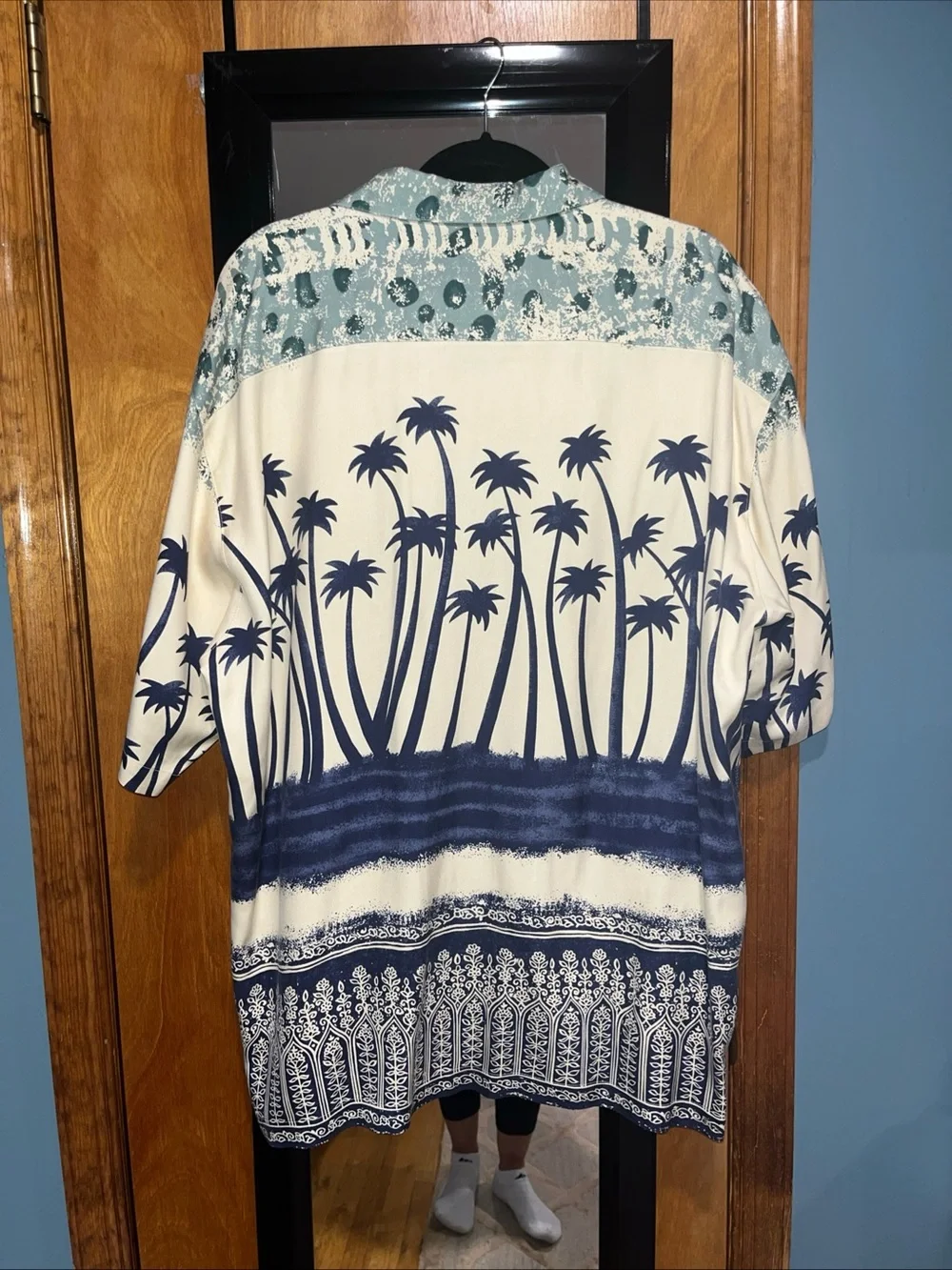 Palm-Print Short Sleeve Camp Shirt - Navy on Cream
